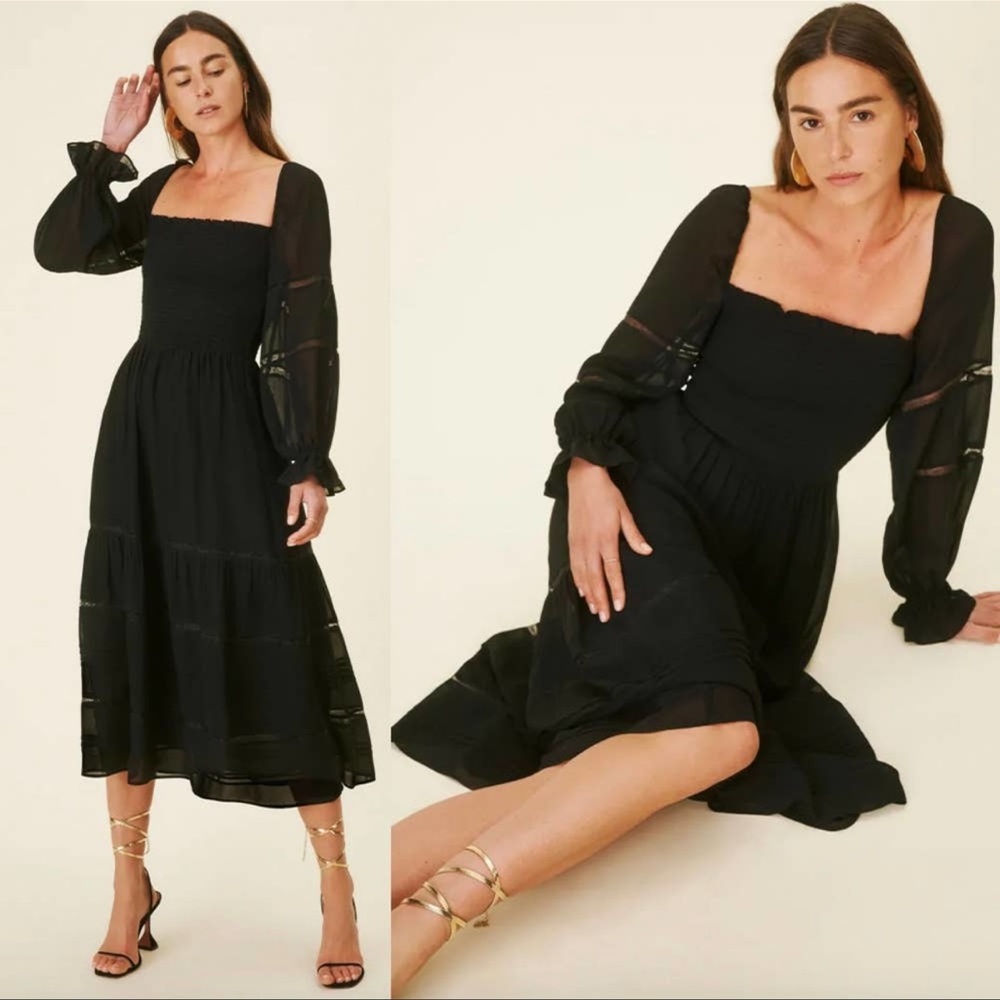 REFORMATION Jessy Black Smocked Midi Dress Size 4